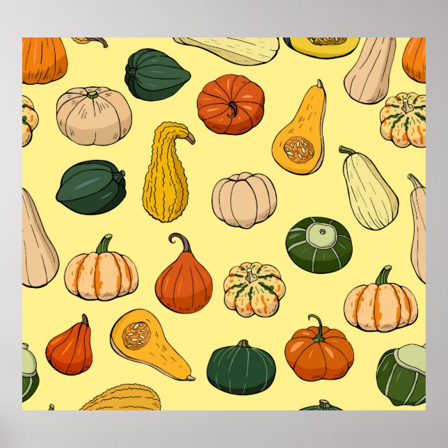 Hand-drawn squashes, seamless vegetable pattern. poster (Front)