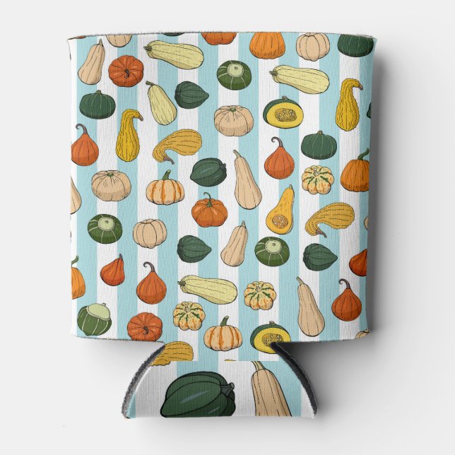 Hand-drawn squashes, striped seamless background. can cooler (Front)