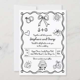  Hand drawn squiggle doodle QR whimsical wedding Invitation