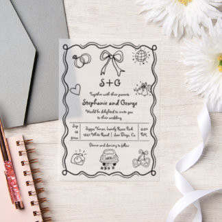  Hand drawn squiggle doodle whimsical wedding Vellum Invitations