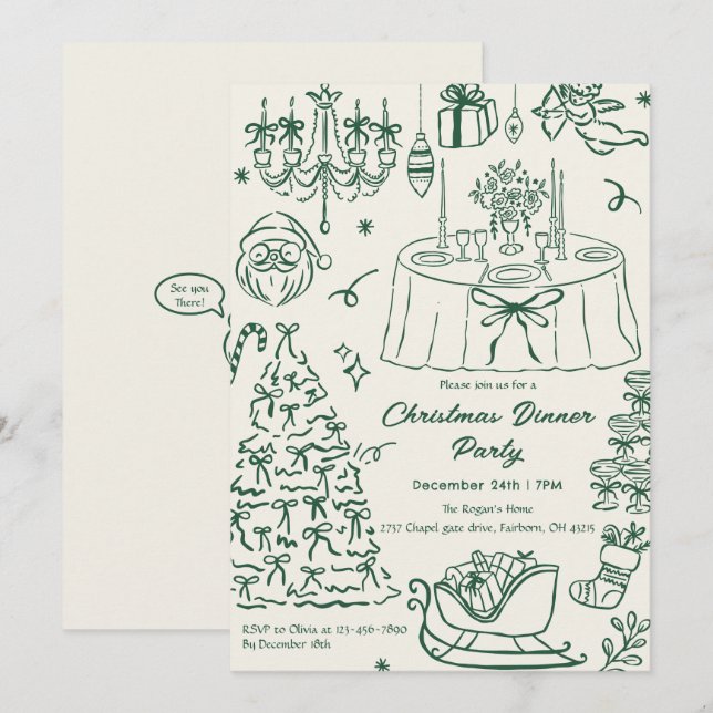 Hand Drawn Squiggle Doodles Christmas Party Invita Invitation (Front/Back)