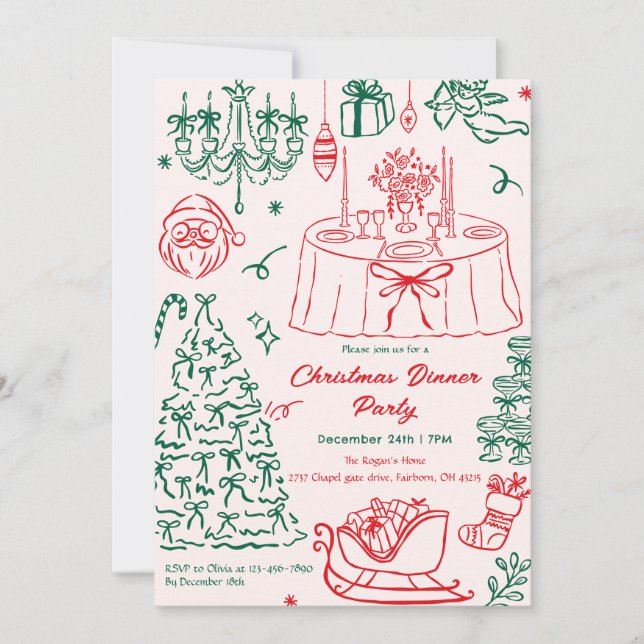 Hand Drawn Squiggle Doodles Christmas Party Invita Invitation (Front)