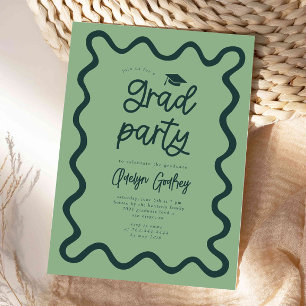 Hand Drawn Squiggly Line Green Graduation Party Invitation