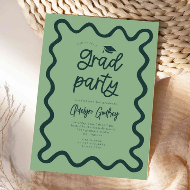 Hand Drawn Squiggly Line Green Graduation Party Invitation (Creator Uploaded)