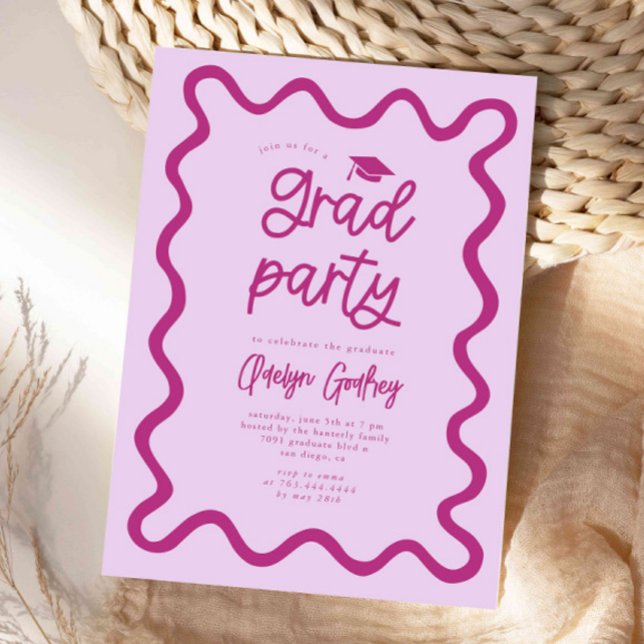 Hand Drawn Squiggly Line Pink Graduation Party Invitation (Creator Uploaded)