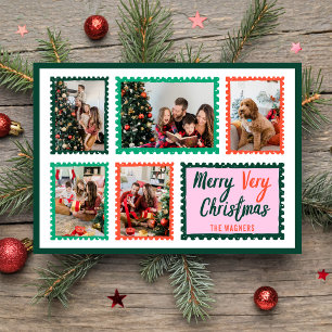Hand Drawn Stamps Frame 5 Photo Merry Christmas Holiday Card
