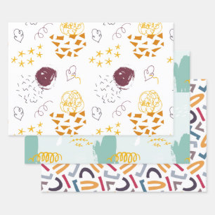 Hand drawn stars mitten letters red green orange wrapping paper sheets