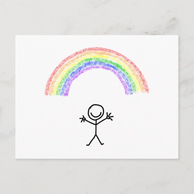 Hand drawn stick man under a rainbow postcard (Front)