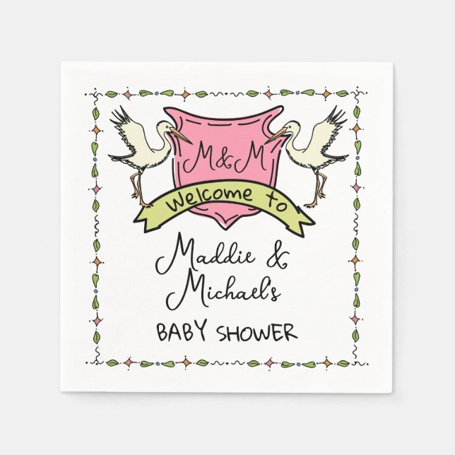 Hand drawn Stork Crest Baby Shower Napkins (Front)