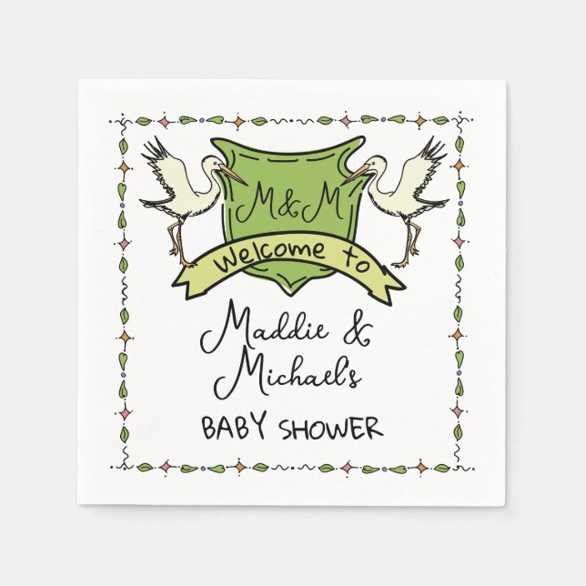 Hand drawn Stork Crest Baby Shower Napkins (Front)