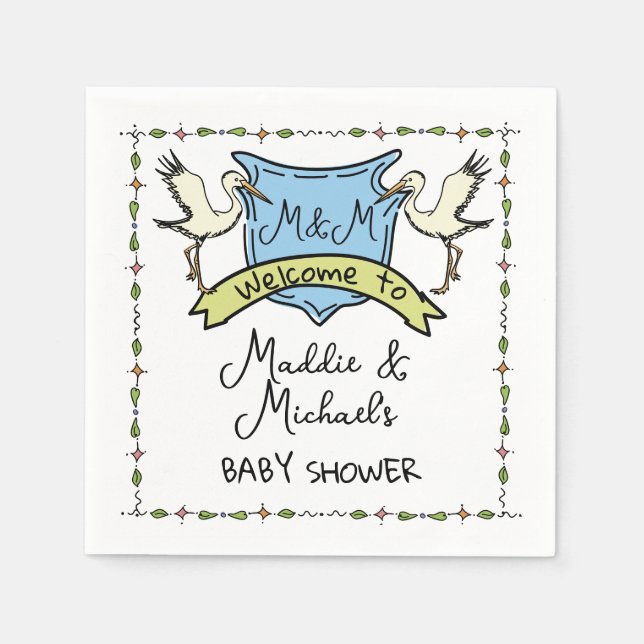 Hand drawn Stork Crest Baby Shower Napkins (Front)