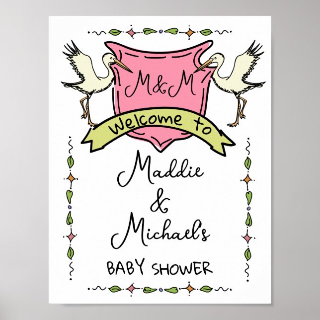 Hand drawn Stork Crest Baby Shower Welcome Sign (Front)