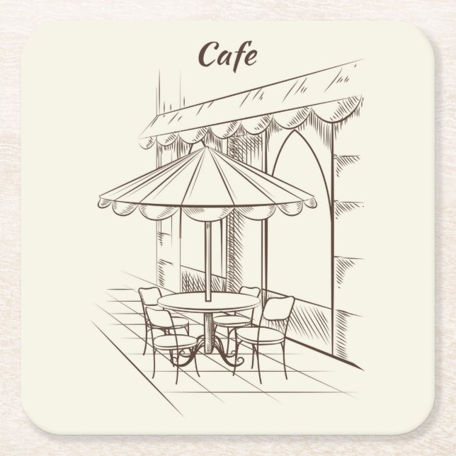 Hand Drawn Street with Cafe' Square Paper Coaster (Front)