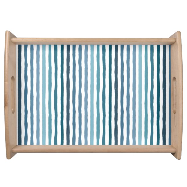 Hand-drawn stripes in shades of sea-inspired blue serving tray (Front)