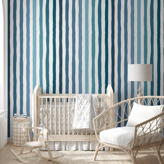 Hand-drawn stripes in shades of sea-inspired blue wallpaper  (Kids)