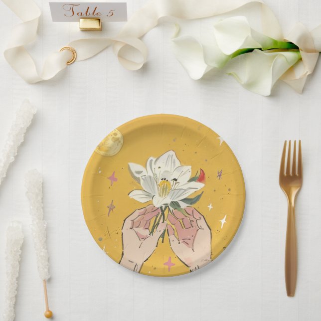 Hand Drawn Style Holding Lily Flowers Paper Plates (Wedding)