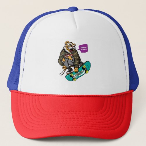 Hand drawn style of angry tiger riding skateboard trucker hat