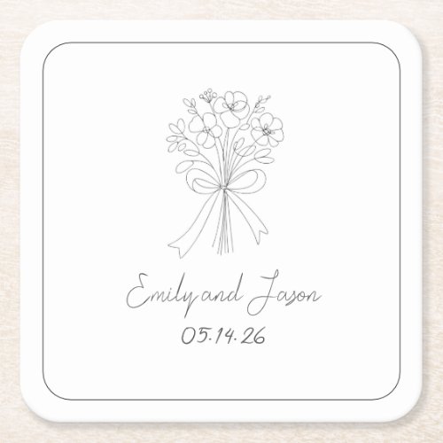 Hand Drawn Style Simple Thin Line Flowers and Bow  Square Paper Coaster