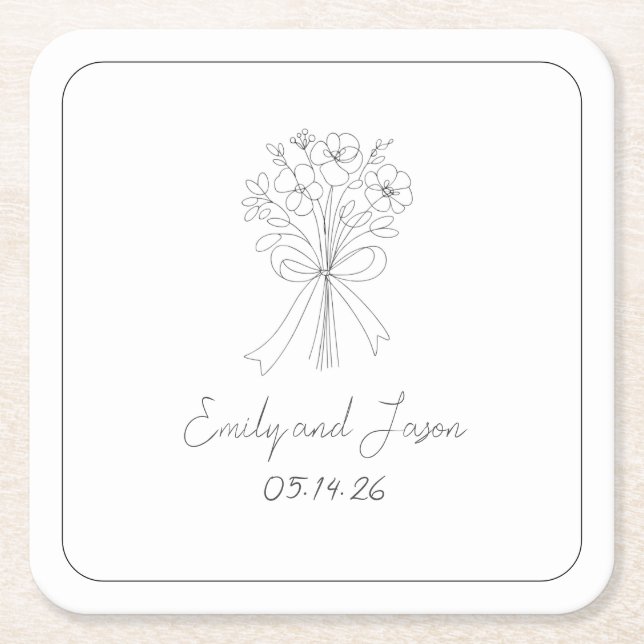 Hand Drawn Style Simple Thin Line Flowers and Bow  Square Paper Coaster (Front)