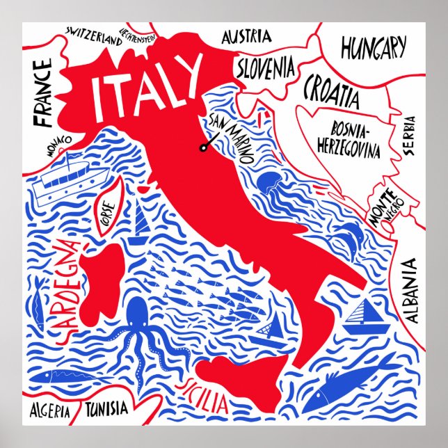 hand drawn stylized map of Italy. Travel illustrat Poster (Front)