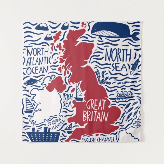 hand drawn stylized map of the United Kingdom. Tra Tapestry (Front)