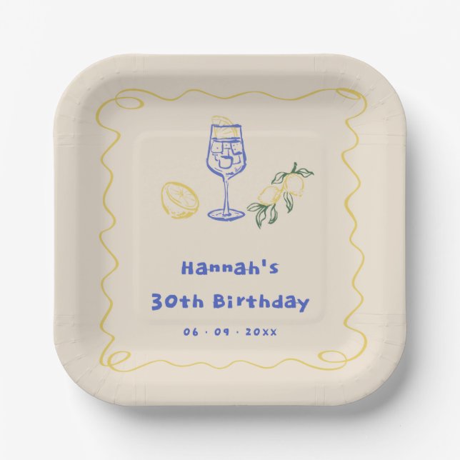 Hand Drawn Summer Adult 30th Birthday Paper Plates (Front)