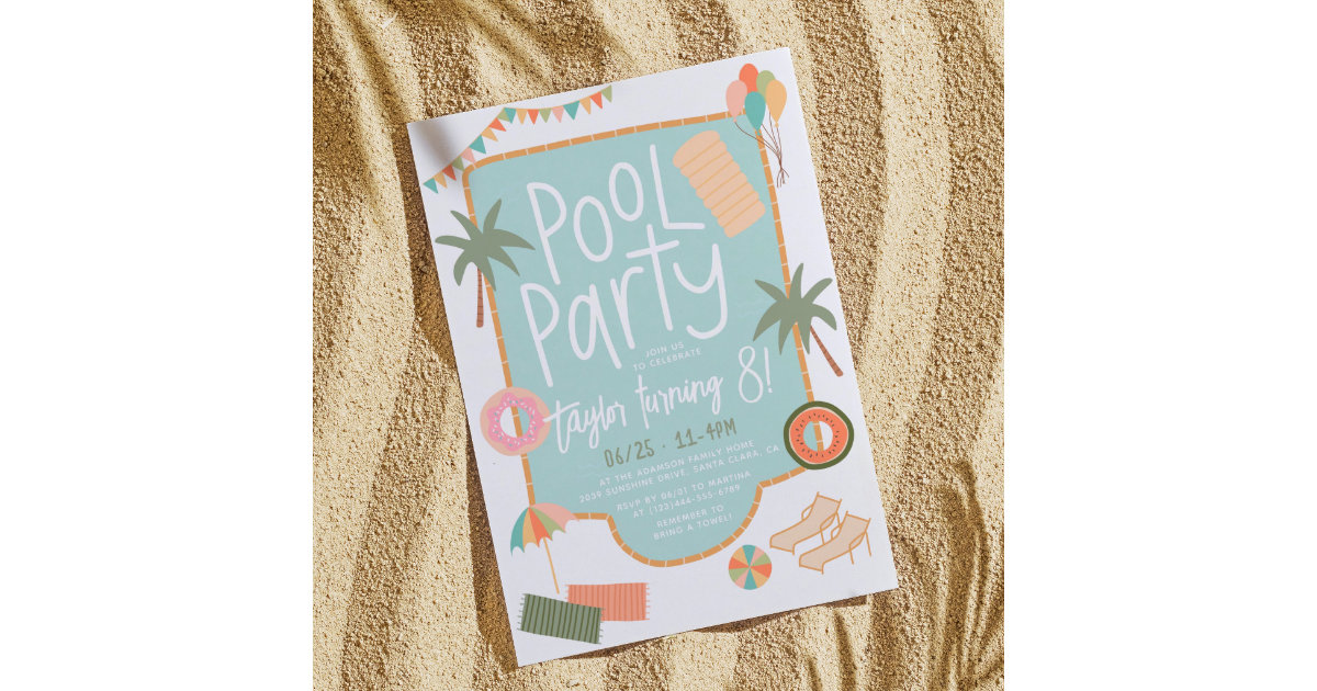 Hand-Drawn Summer Fun Custom Pool Party Birthday Invitation | Zazzle