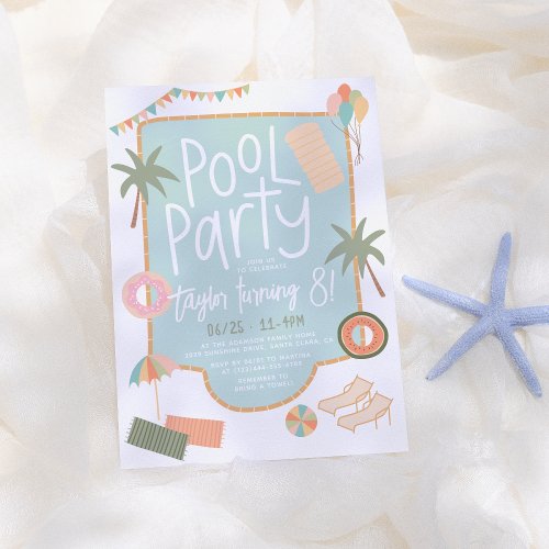 Hand-Drawn Summer Fun Custom Pool Party Birthday