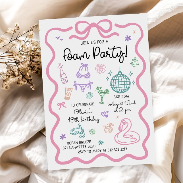 Hand Drawn Summer Fun Foam Party Birthday Invitation (Creator Uploaded)