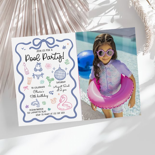 Hand Drawn Summer Fun Pool Party Birthday Photo Invitation (Creator Uploaded)