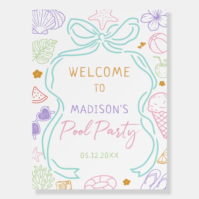 Hand Drawn Summer Pool Party Birthday Welcome Sign (Front)