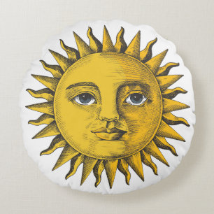 Hand drawn sun with a face design round pillow