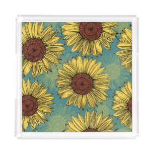 Hand-Drawn Sunflowers Mint Blue Acrylic Tray