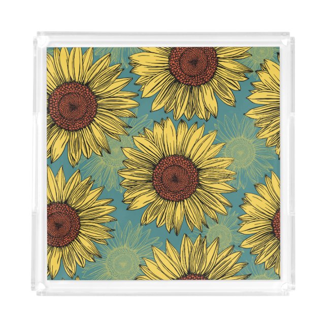 Hand-Drawn Sunflowers Mint Blue Acrylic Tray (Front)