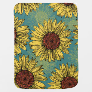 Hand-Drawn Sunflowers Mint Blue Baby Blanket