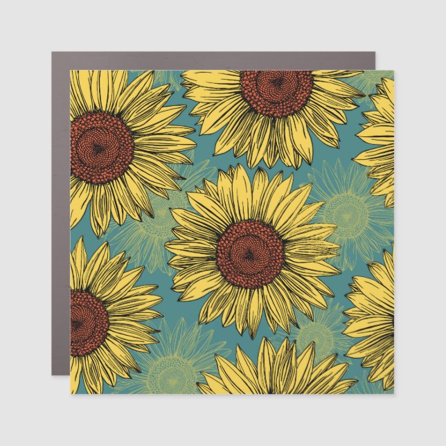 Hand-Drawn Sunflowers Mint Blue Car Magnet (Front)
