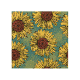 Hand-Drawn Sunflowers Mint Blue Wood Wall Art