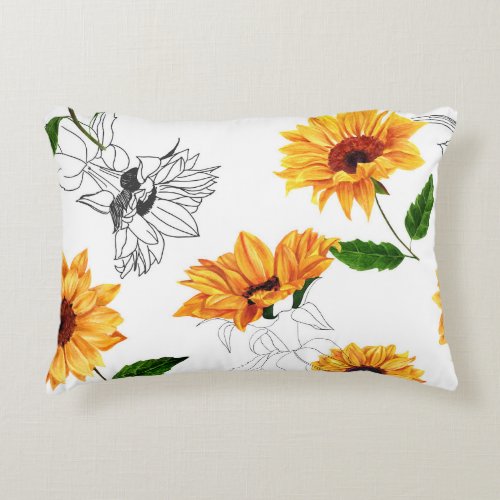 Hand_drawn sunflowers vibrant yellow pattern accent pillow