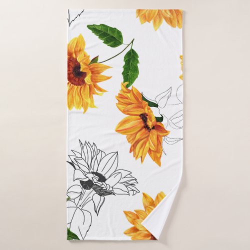 Hand_drawn sunflowers vibrant yellow pattern bath towel