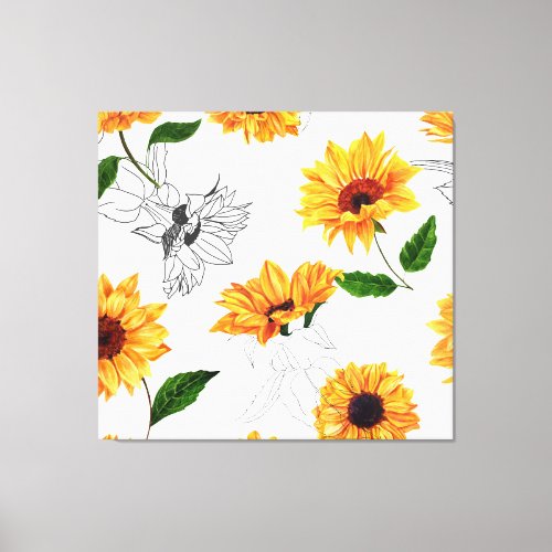 Hand_drawn sunflowers vibrant yellow pattern canvas print