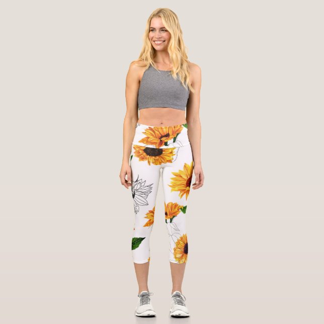 Hand-drawn sunflowers: vibrant yellow pattern. capri leggings (Front)