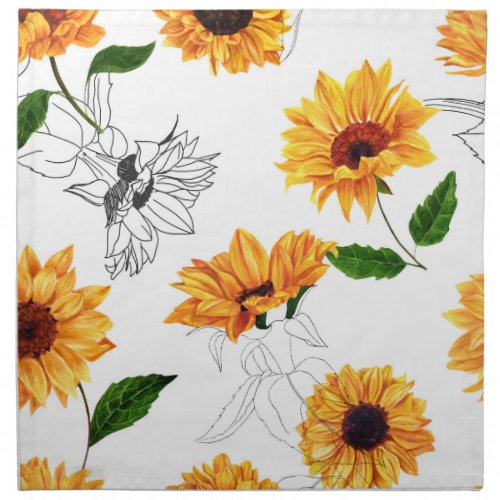 Hand_drawn sunflowers vibrant yellow pattern cloth napkin