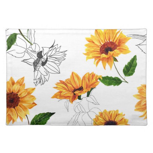 Hand_drawn sunflowers vibrant yellow pattern cloth placemat