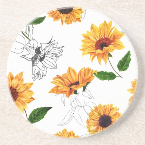 Hand_drawn sunflowers vibrant yellow pattern coaster