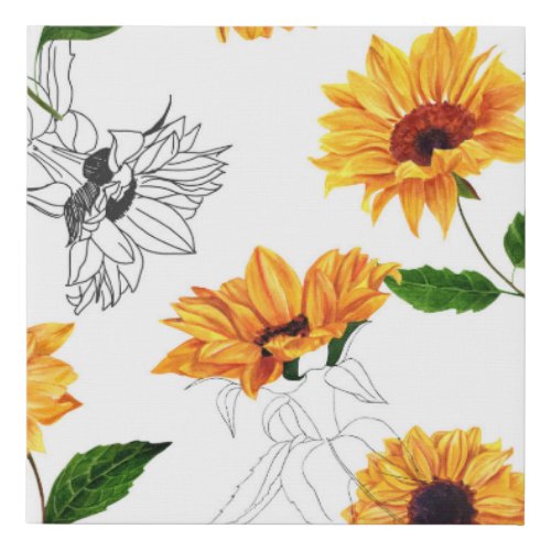 Hand_drawn sunflowers vibrant yellow pattern faux canvas print