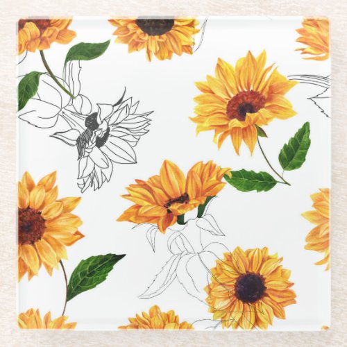 Hand_drawn sunflowers vibrant yellow pattern glass coaster