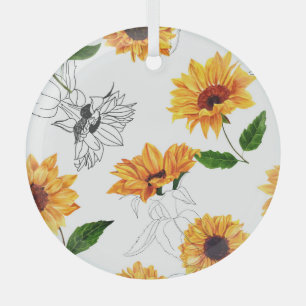 Hand-drawn sunflowers: vibrant yellow pattern. glass ornament