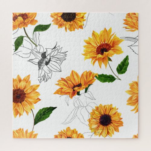 Hand_drawn sunflowers vibrant yellow pattern jigsaw puzzle