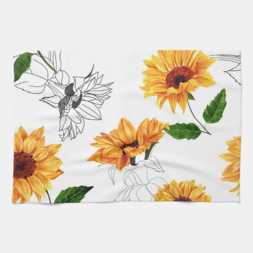 Hand_drawn sunflowers vibrant yellow pattern kitchen towel