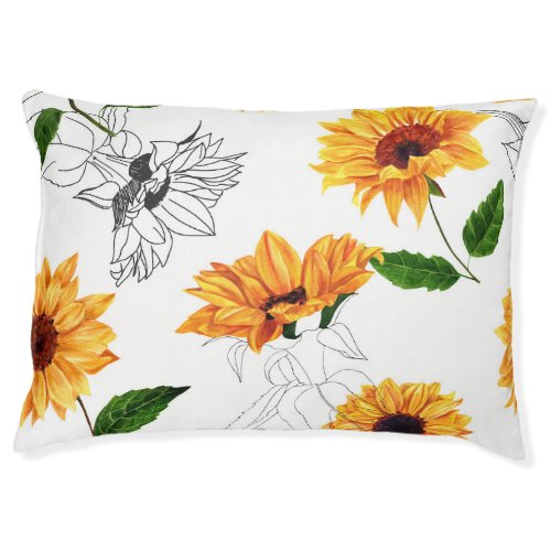 Hand_drawn sunflowers vibrant yellow pattern pet bed